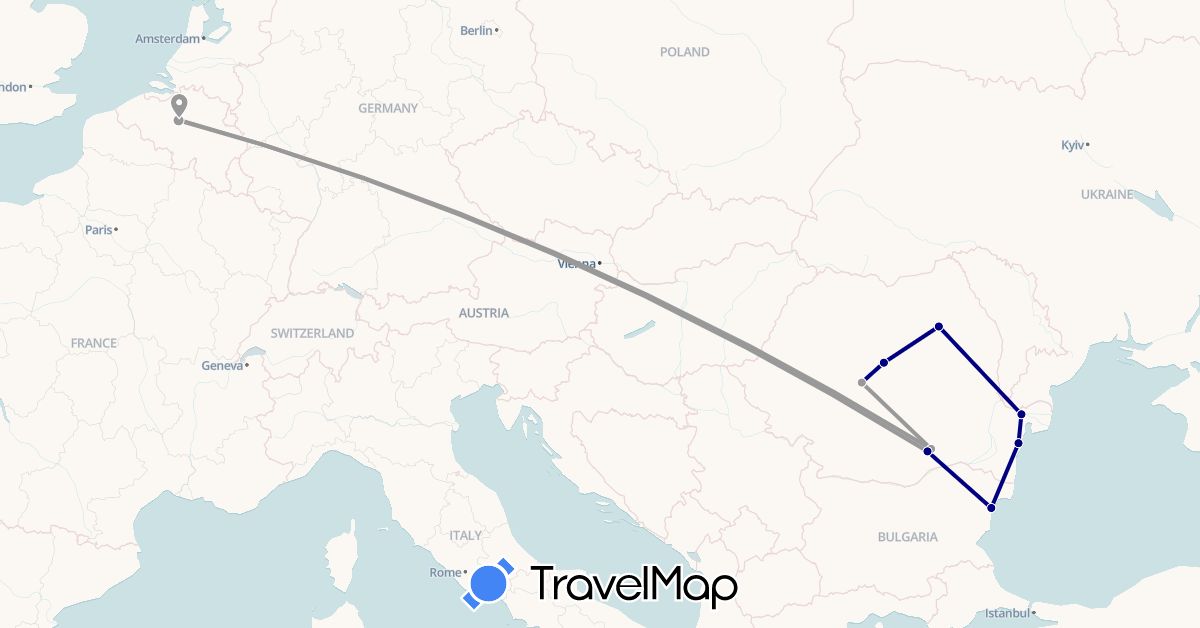 TravelMap itinerary: driving, plane in Belgium, Bulgaria, Romania (Europe)